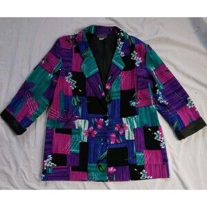 Vintage Willow Ridge Womens Blazer Blue Purple Floral Button Front Retro Large